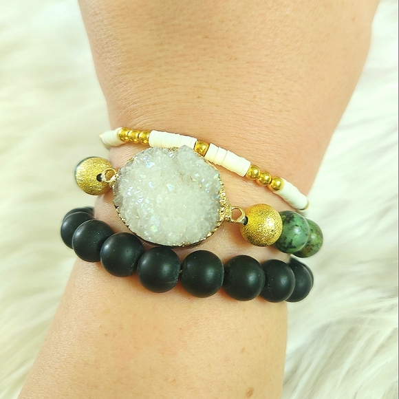 NWT Ryze Natural Stone White Druzy, Jasper, & Heishi Beaded Staxx Bracelets - Picture 6 of 7